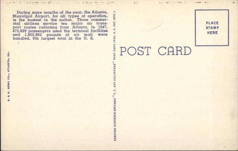 Atlanta GA Municipal Airport Temporary Passenger Terminal LINEN Postcard #2