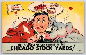 Chicago IL Comic~Stock Yards~Man Hugs Cow & Pig~Thinks Steak & Ham~1953 Linen PC