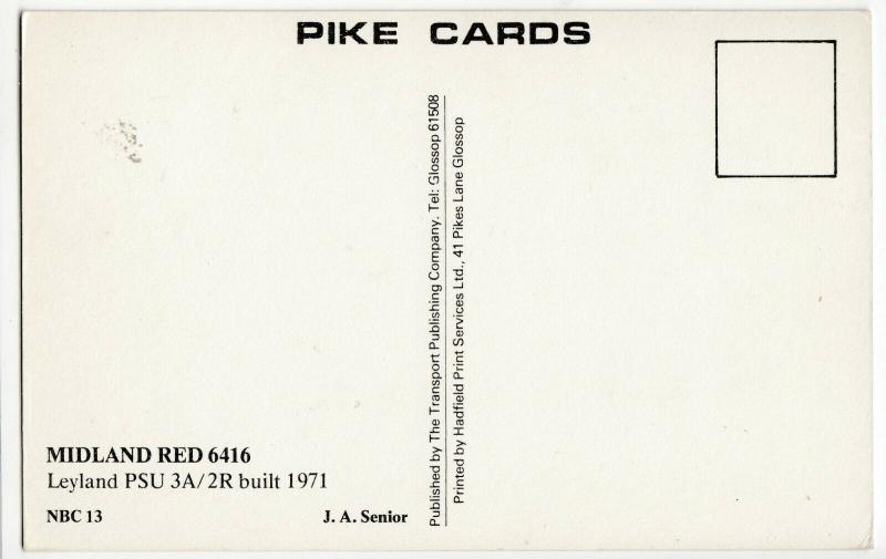 Buses; Midland Red 6416, Leyland PSU 3A/2R, Built 1971 PPC, By Pike Cards 