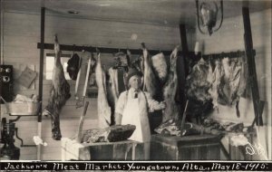 Youngstown Alberta Butcher Jackson's Meat Mkt Dead Animals Real Photo Postcard