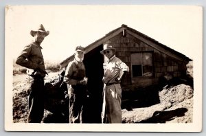 RPPC Three Men Old Timer Pioneer With Earth Shelter Home c1930 Postcard C41