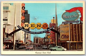 Vtg Reno NV Famous Arch Virginia Street View Casinos Old Cars 1960s Postcard