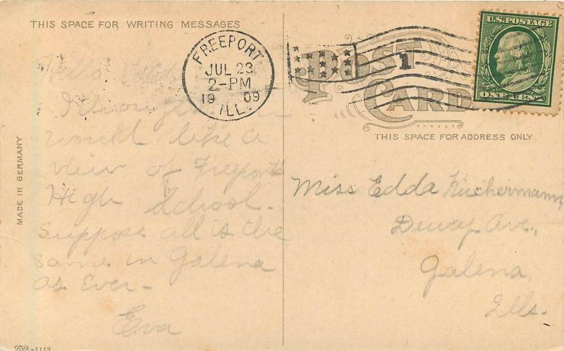 c1909 Printed Postcard; High School, Freeport IL Stephenson County, posted