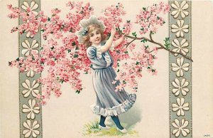 Girl in Gray Dress Picking Pink Flowers from a Tree Branch, Card No 7876