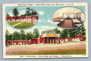 GAS STATION SHELL GROVE CAMP TENNESEE KENTUCKY STATE LINE VINTAGE POSTCARD