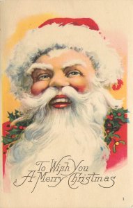 Christmas Postcard Smiling Santa Claus With Holly Garland around Neck 1