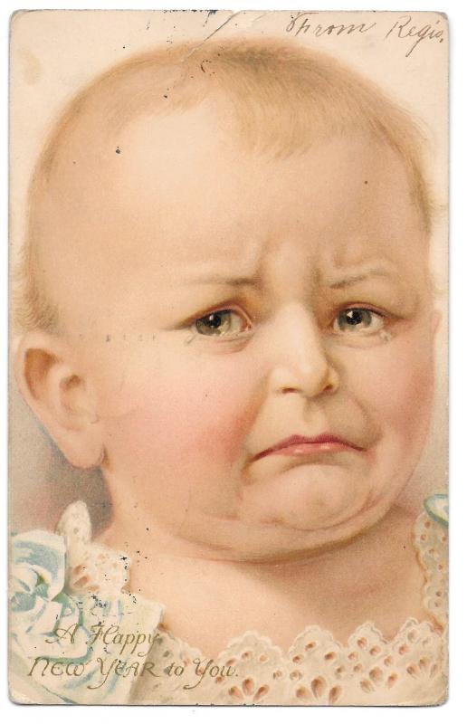 Happy New Year Baby Happy Sad 2 Vntg 1906 UDB German American Novelty Postcards