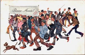 Happy New Year People Celebrating F.K.L Vintage Postcard C193