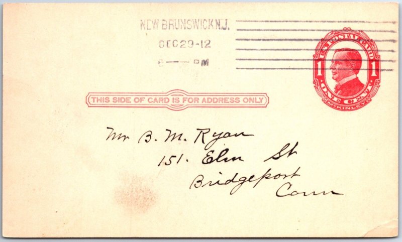 VINTAGE POSTCARD POSTAL CARD STATIONERY 1c MAILED NEW BRUNSWICK NEW JERSEY 1912