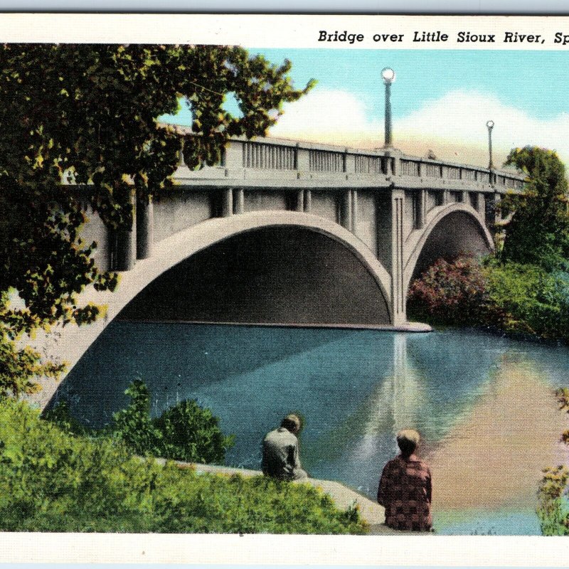 c1940s Spencer, IA Little Sioux River Concrete Arch Bridge Men Nature Scene A249