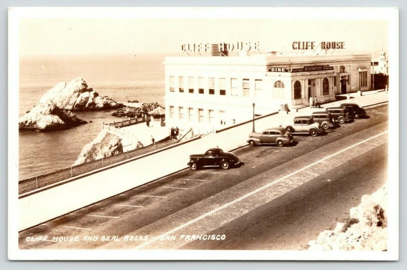 San Francisco California~Cliff House & Seal Rocks~Cars in Front~1940s RPPC 