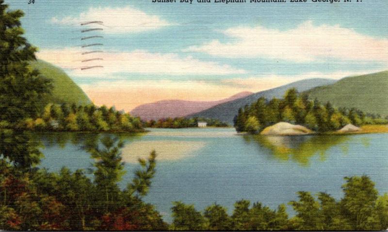 New York Lake George Sunset Bay and Elephant Mountain 1955