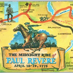c1970s Boston, MA Map Midnight Ride Paul Revere Revolution Oversized Postcard 3S