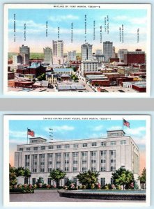 2 Postcards FORT WORTH, TX ~ SKYLINE Identified Buildings, COURT HOUSE c1940s