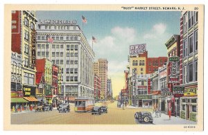 Busy Market Street, Newark, New Jersey, Unused Linen Postcard, Trolley Cars