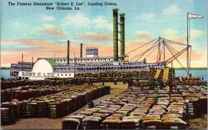 Linen Postcard Steamboat Robert E Lee Loading Cotton in New Orleans, Louisiana
