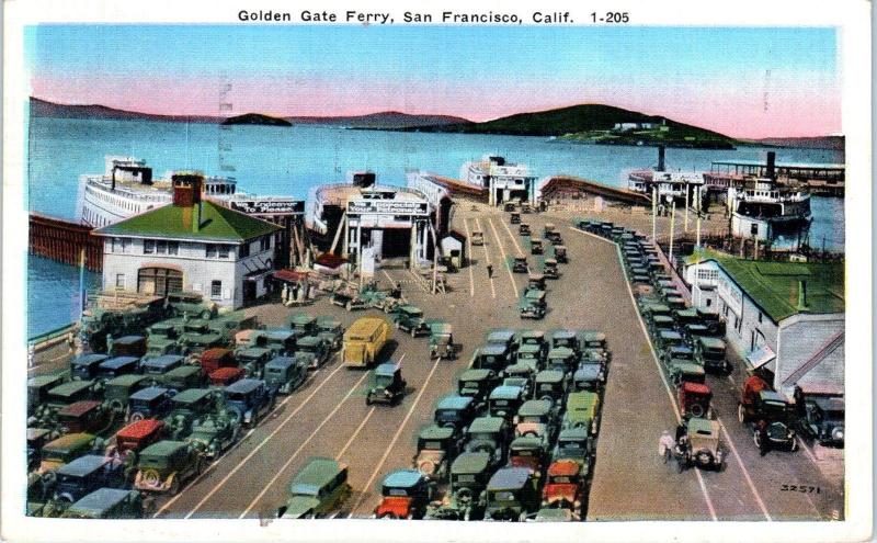 SAN FRANCISCO, CA  CARS Waiting for GOLDEN GATE FERRY   1928   Postcard