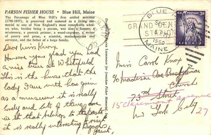 Blue Hill Maine 1960 Postcard The Parson Fisher House