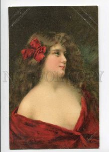 279625 Lady LONG HAIR Red Bow by Angelo ASTI vintage color PC 