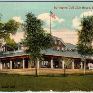 c1910s Burlington, IA Golf Club House Postcard American Flag Colonial Column A85