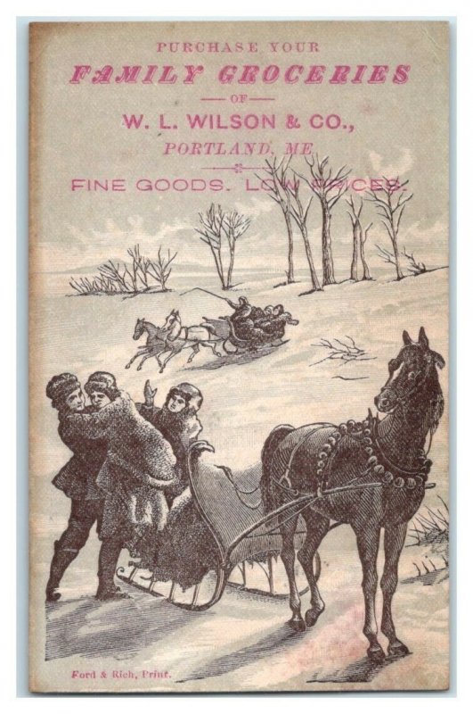 Horse-Drawn Sleigh, W.L. Wilson & Co. Family Groceries Victorian Trade Card