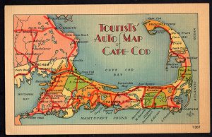 Massachusetts CAPE COD Tourists Auto Map Diving Distances - LINEN
