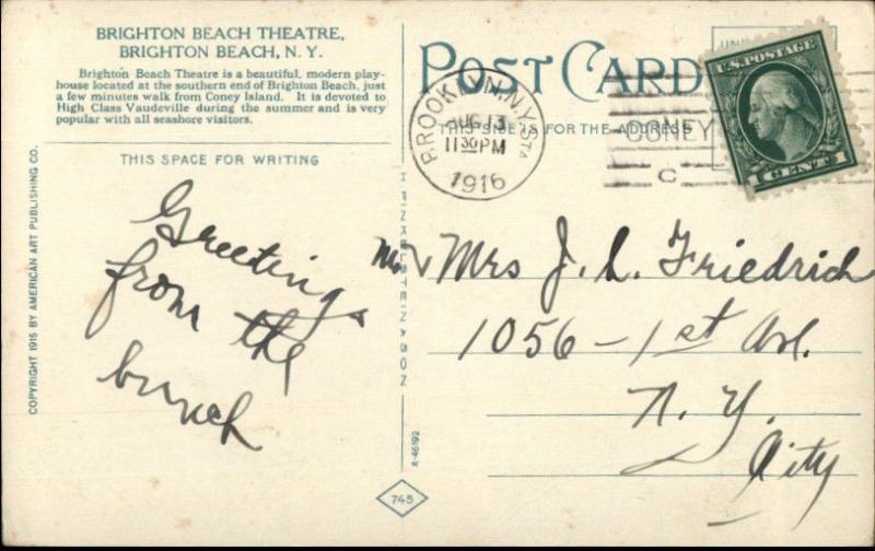 Brighton Beach Brooklyn NY Theatre c1915 Postcard