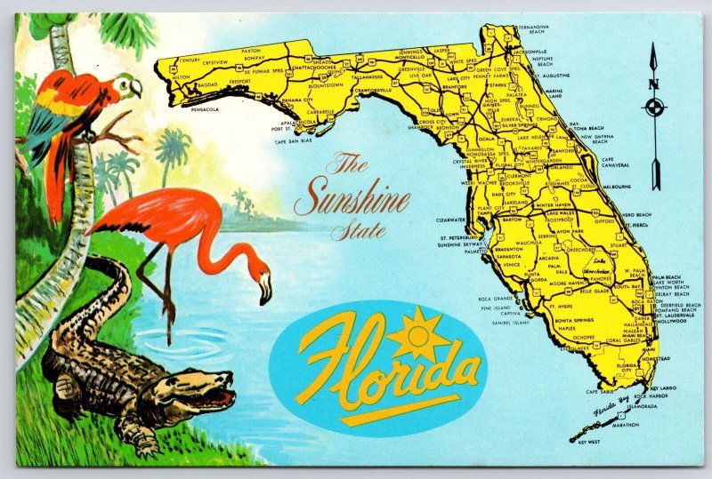 Detailed Map Florida Showing Main Highways & Cities The Sunshine State Postcard  United States 