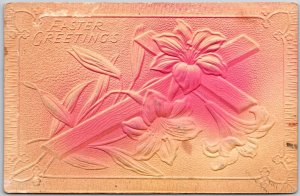 1908 Easter Embossed Flower And Crucifix Greetings Wishes Card Posted Postcard