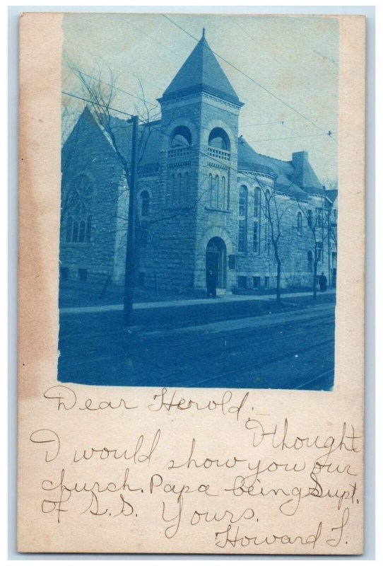 1906 Church Street View Cyanotype Buffalo New York NY RPPC Photo Postcard 