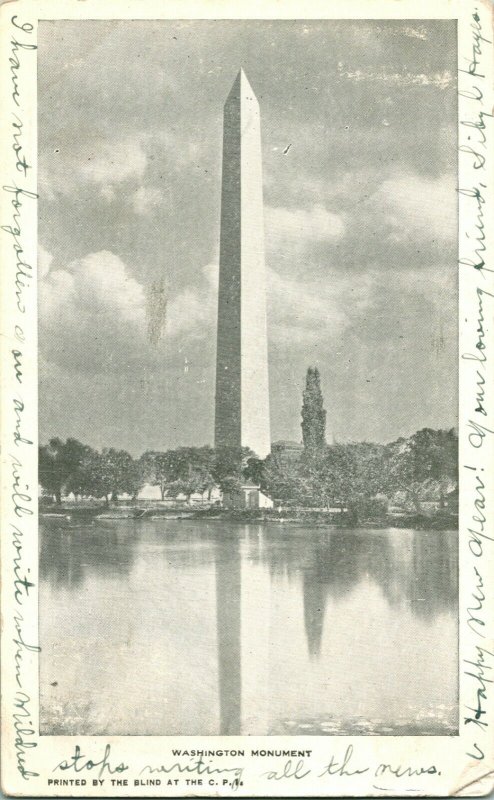 Vtg PMC Postcard 1906 Washington Monument Washington DC Printed by the Blind CPI