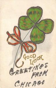 Chicago Illinois 1908 Embossed Postcard Good Luck Four Leaf Clover Glitter