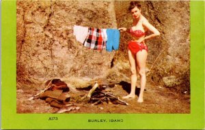 Pin Up Bikini Girl Camping with Clothesline  Burley Idaho Postcard