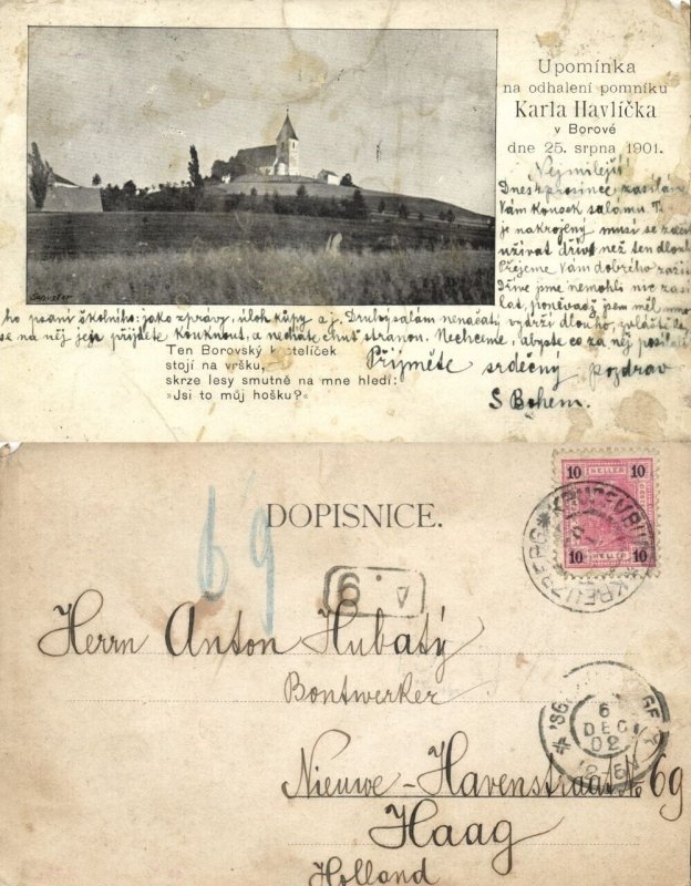 czech, Havlíčkova Borová, Monument of Karel Havlíček (1902) Postcard