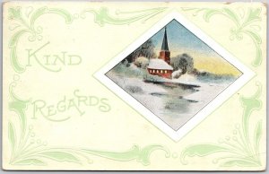 1910's Kind Regards Landscape Church Calligraphic Design Posted Postcard