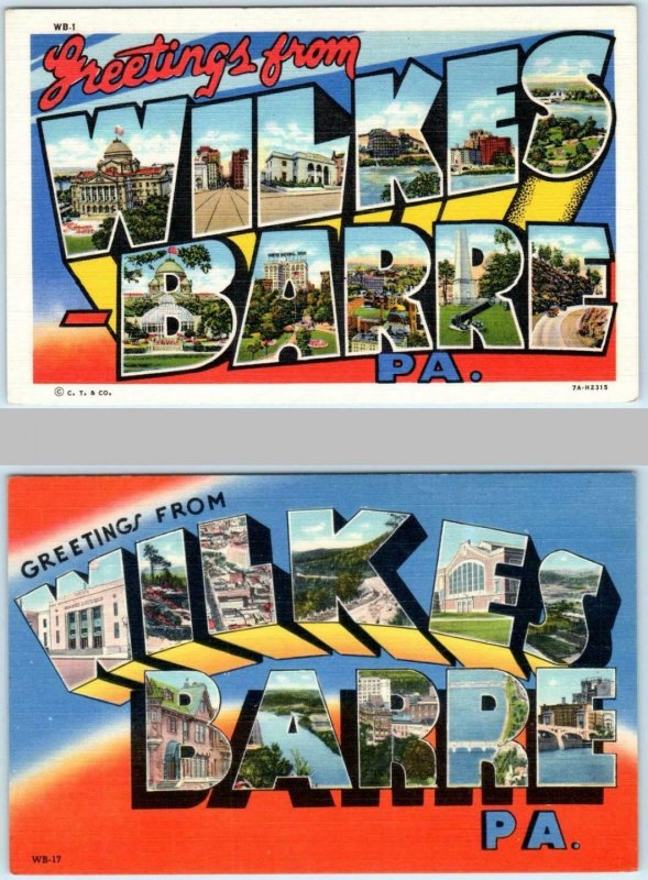 2 Large Letter Linen WILKES BARRE, PENNSYLVANIA  PA Curteich, Mebane  Postcard