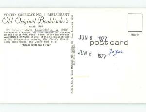 Unused Pre-1980 BOOKBINDERS RESTAURANT Philadelphia Pennsylvania PA v5934@