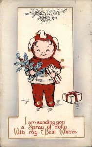 Christmas Cute Little Boy Red Snowsuit Holly c1910 Vintage Postcard