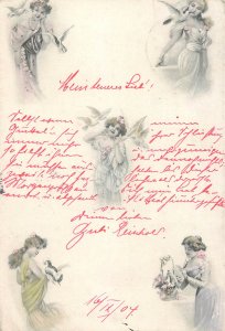 Lovely drawn beauty ladies with pigeons fantasy postcard 1904