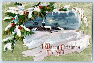 Christmas Postcard House Church Winter Scene Holly Berries Embossed Augusta ME
