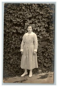 Vintage 1917 RPPC Postcard Woman with Giant Bow in the Garden