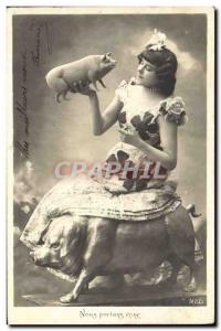 Old Postcard Cochon Pig Woman we carry vein