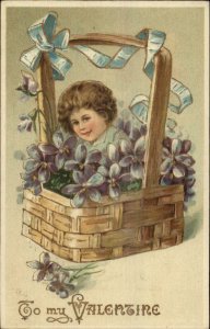 Valentine - Child in Basket of Flowers c1910 Gilt Embossed Postcard