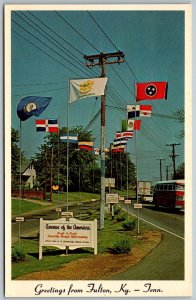 Fulton Kentucky Tennessee 1960s Postcard Entrance Sign Flags Bus