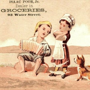 c1880s Water Street Stock Victorian Trade Card Child Accordion Dog Isaac Poor C8