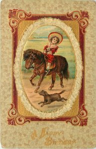 Embossed Birthday Greetings Postcard Child in Red Riding Pony, Running Dog 515/5