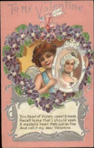 Valentine - Cupid w/ Portait of Woman in Powdered Wig c1910 Postcard