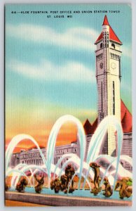 St Louis MO~Aloe Fountain~Post Office~Union Station Clock Tower~Linen Postcard
