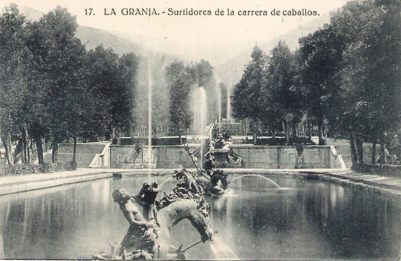Water Jets in the horse race fountain. La Granja  Old vintage Spanish  photo P