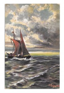 Artist Signed G. Fuhrmann Sailboat Red Sails Grey Seas Seascape ASM Postcard